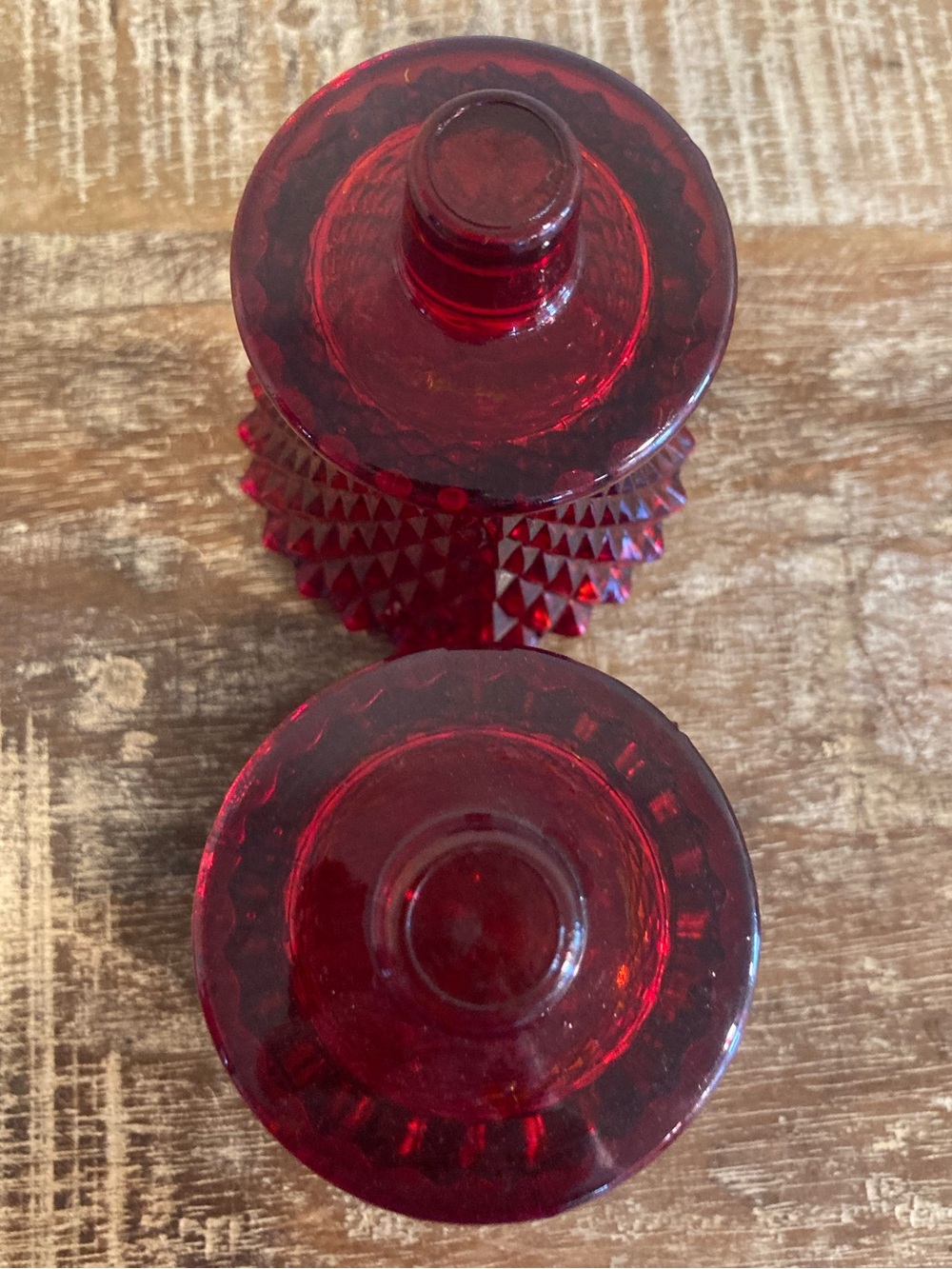 2 Pegged Glass Votive Holders Vintage Red Painted Diamond Pattern 70s-80s Decor - Picture 4 of 13
